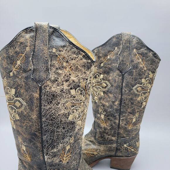 Corral Circle G Women's Black Crackle/Bone Embroidery Snip Toe Leather Boots 9M - Picture 6 of 16